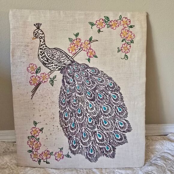 Hand Embroidered Peacock Art Hand Made . Home Decor Vintage - Picture 1 of 9